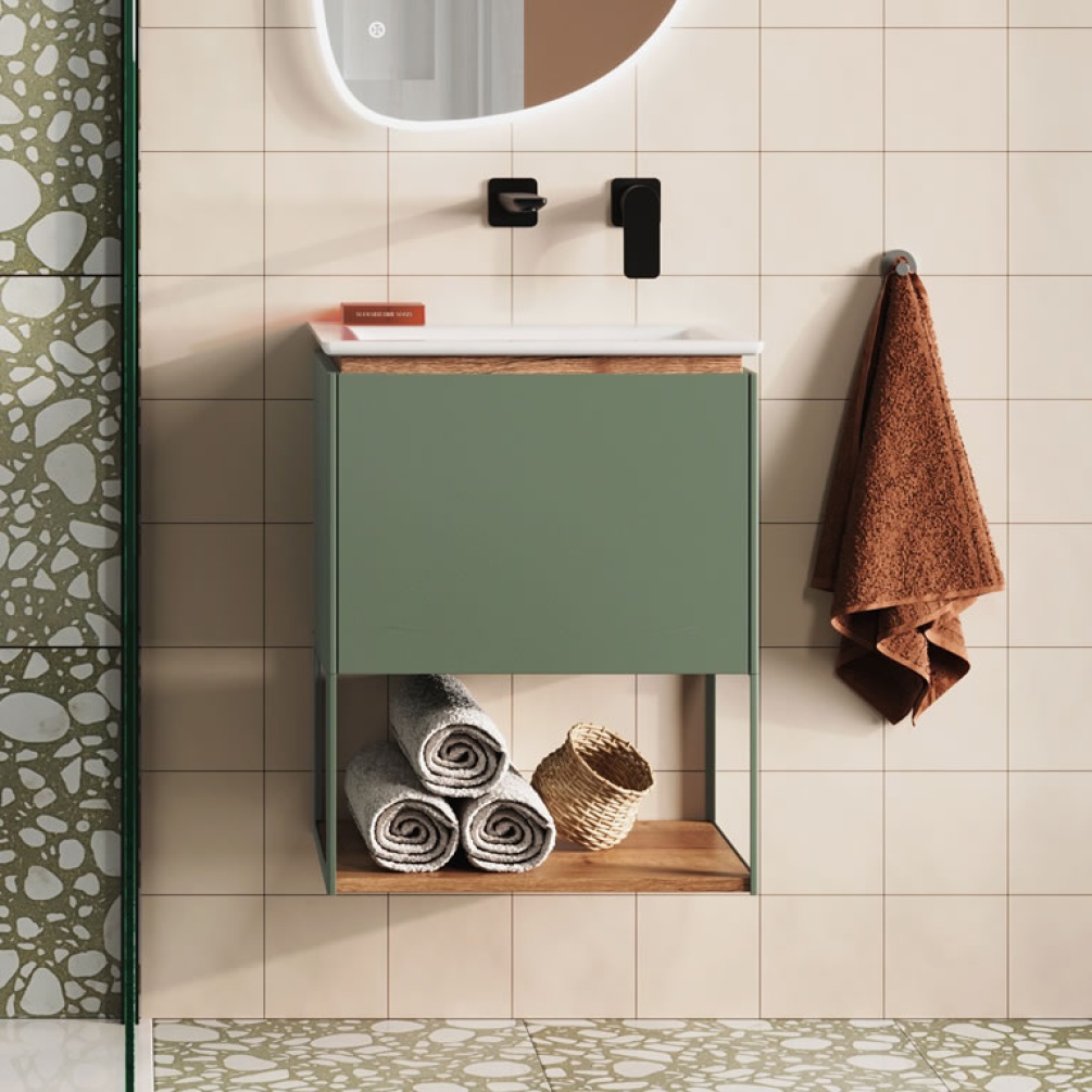 Lifestyle image of Crosswater Mada 500mm Sage Green Wall-Hung Vanity Unit & Basin